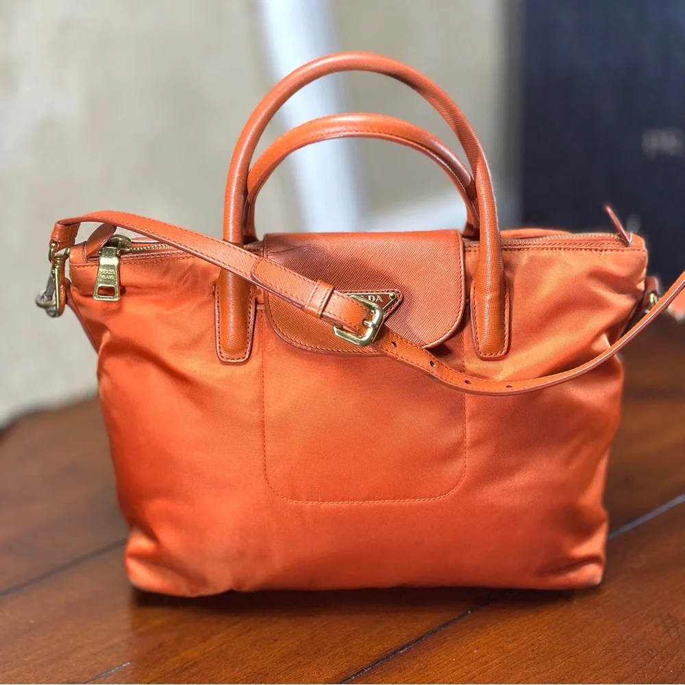 AUTHENTIC Prada Tessuto Nylon Saffiano Tote. Color: Papaya. - Picture 1 of 15
